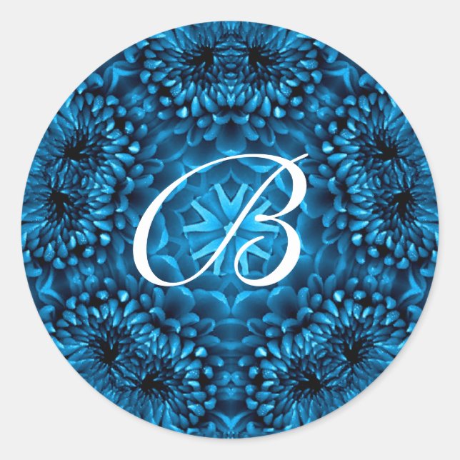 BLUE  DAHLIA MONOGRAM CLASSIC ROUND STICKER (Front)