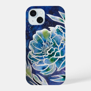 Blue Dahlia Navy Teal Celestial Floral Watercolor iPhone 15 Case