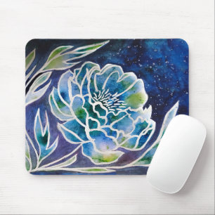Blue Dahlia Navy Teal Celestial Floral Watercolor Mouse Pad
