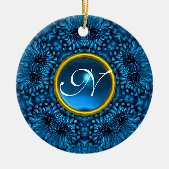 BLUE DAHLIA SAPPHIRE MONOGRAM CERAMIC ORNAMENT (Front)