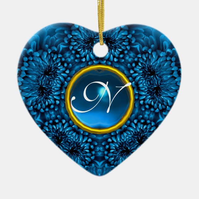BLUE DAHLIA SAPPHIRE MONOGRAM Heart Ceramic Ornament (Front)