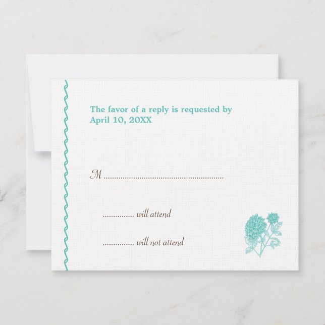 Blue dahlia wedding enclosure RSVP response card (Front)