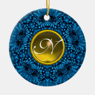 BLUE DAHLIA YELLOW TOPAZ MONOGRAM CERAMIC ORNAMENT