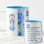 Blue Dahlias | Ave Maria Latin | Virgin Mary Two-Tone Coffee Mug<br><div class="desc">The Blessed Virgin Mary,  Our Lady of Grace,  is set amongst the Blue Dahlia Flowers.  The Hail Mary,  Ave Maria is printed in Latin as an overlay.</div>