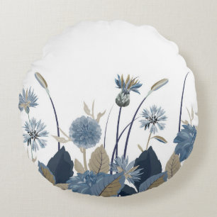 Blue Dahlias Cornflower Round Pillow