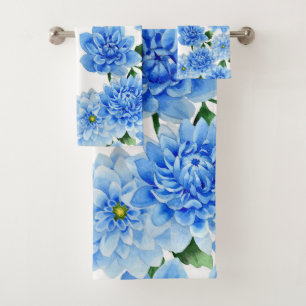 Blue Dahlias Watercolor Art Bath Towel Set