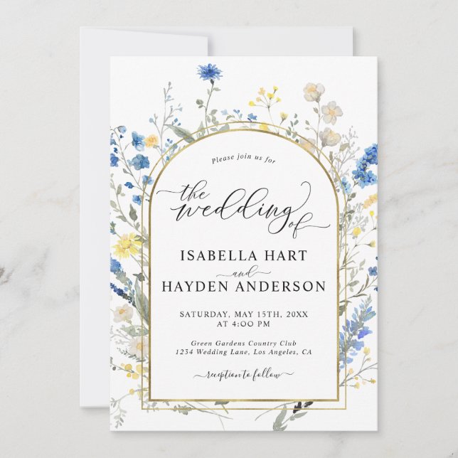 Blue Dainty Floral Gold All In 1 QR Code Wedding Invitation (Front)