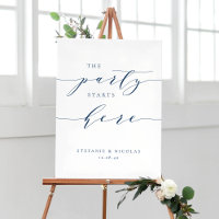 Blue Dainty Script The Party Starts Here Wedding