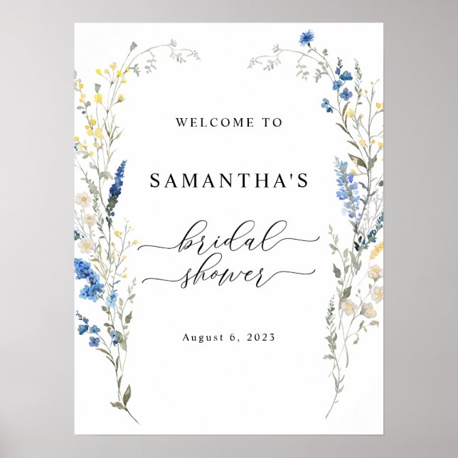 Blue Dainty Wild Flower Bridal Shower Welcome Sign (Front)
