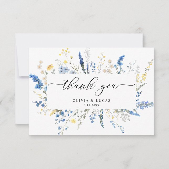 Blue Dainty Wild Flowers Boho Rustic Wedding Thank You Card (Front)
