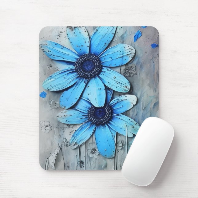 Blue Daisies Distressed Grungy Daisy Flower Mouse Pad (With Mouse)