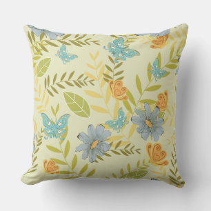 Blue Daisies Orange Butterflies Throw Pillow