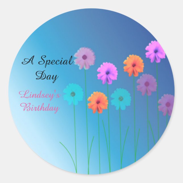 Blue Daisies Personalized Birthday Classic Round Sticker (Front)