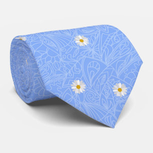 Blue daisies striped pattern. Wedding style Tie