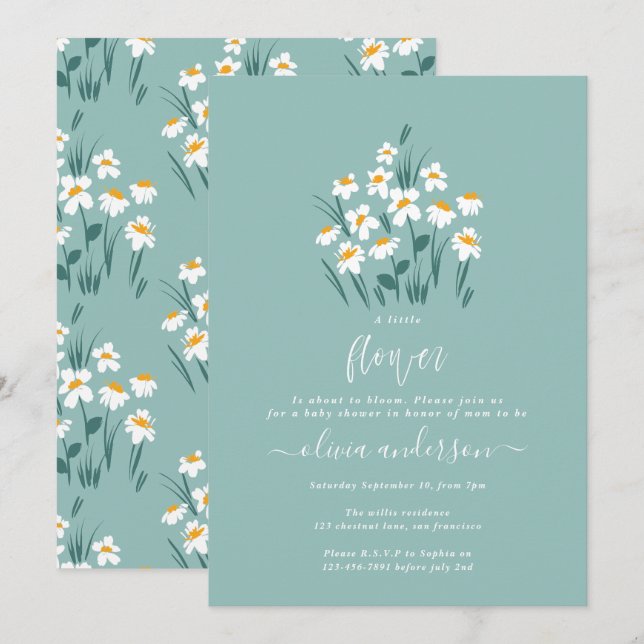 Blue daisy floral elegant beautiful baby shower in invitation (Front/Back)