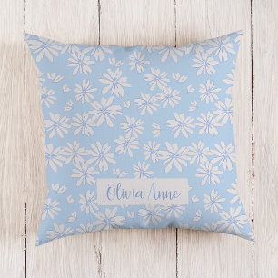 Blue Daisy Floral Girls Custom Throw Pillow