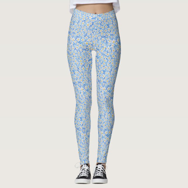 Blue Daisy Floral Pattern Leggings (Front)