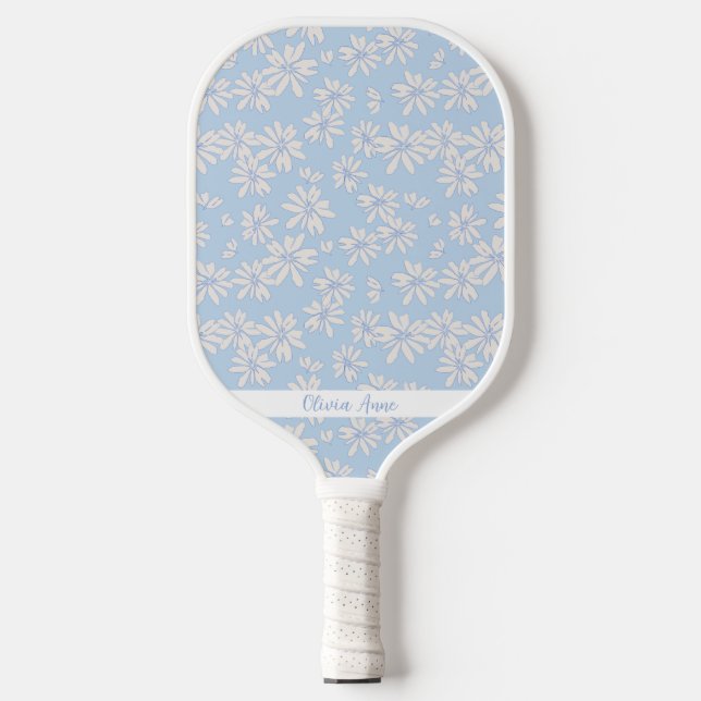 Blue Daisy Floral Pattern Personalized Name Cute Pickleball Paddle (Front)