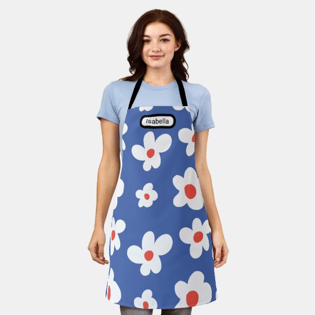 Blue Daisy Floral Pattern Script Name Art Apron (Worn)