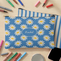 Blue Daisy Floral & Retro Striped Girls Pencil