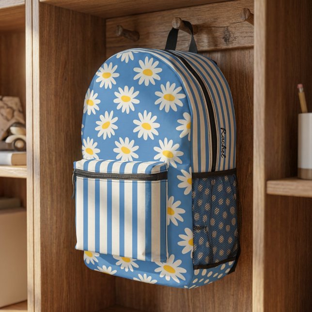 Blue Daisy Floral & Retro Striped Personalized Printed Backpack (Personalized Daisy and Stripe Backpack)