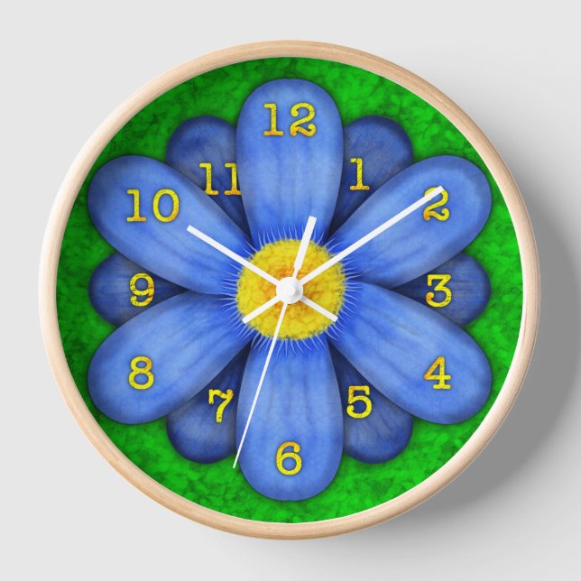 Blue Daisy Flower on Green Beautiful Wall Clock (Front)