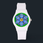 Blue Daisy Flower on Green Beautiful Watch<br><div class="desc">This pretty floral wristwatch has an original stylized flower, in a daisy style and coloured blue. The yellow-orange watch numbers mark the time on the twelve petals. The background is done in an abstract mottled green, resembling grass. This is a bright, bold watch and would make a unique gift for...</div>