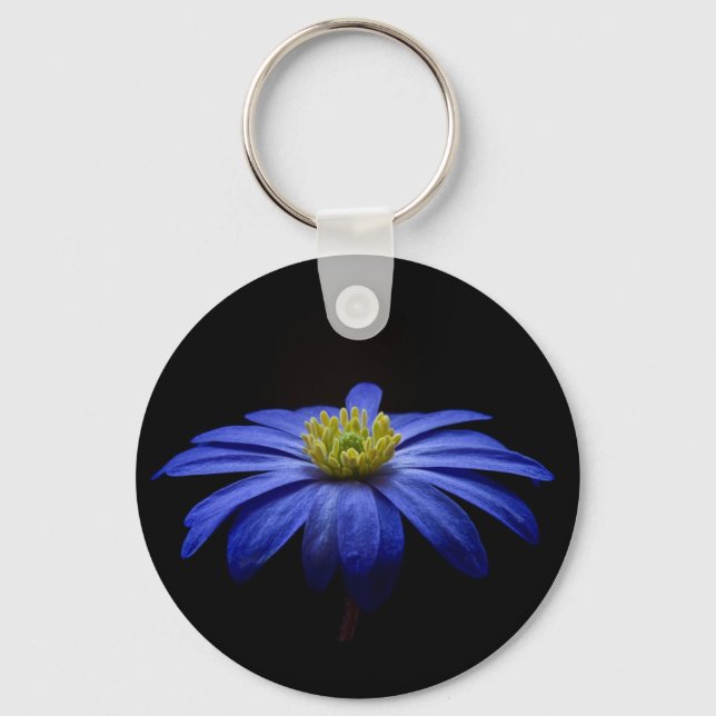 Blue Daisy Gerbera Flower on a Black background Keychain (Front)