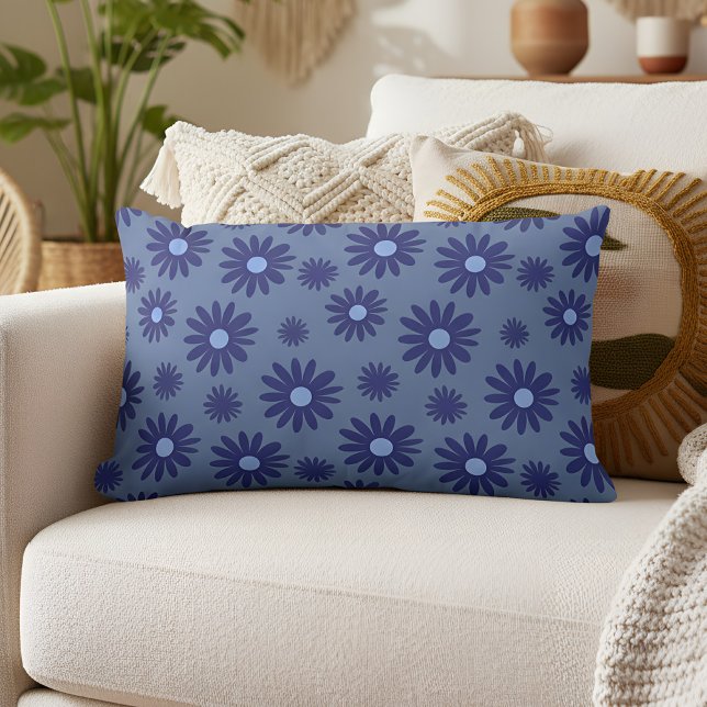 Blue Daisy  Lumbar Pillow (blue daisy pattern pillow)