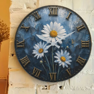 Blue Daisy Midnight Botanical Floral Art Large Clock