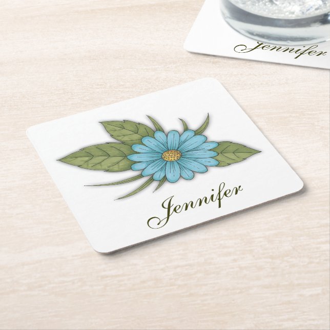 Blue Daisy Personalizable Square Paper Coaster (Angled)