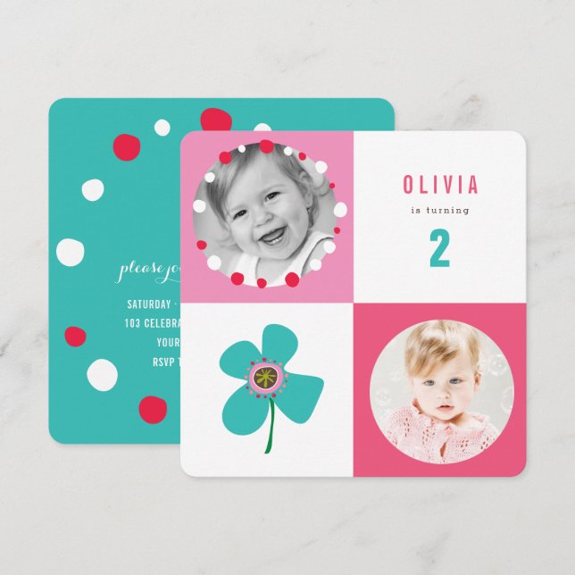 Blue Daisy Pop Squares Girl Birthday Photo Invite (Front/Back)