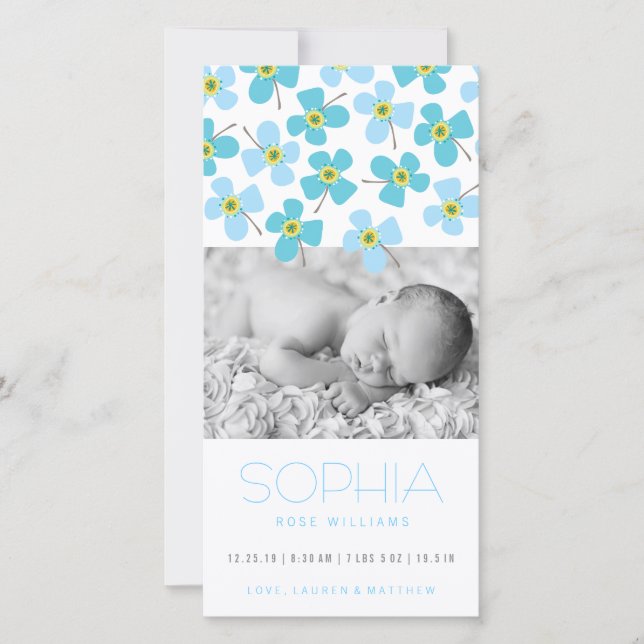 Blue Daisy Pop Sweet Baby Announcement Photo Card (Front)
