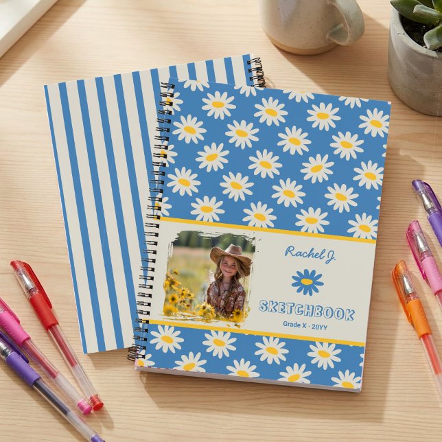 Blue Daisy & Striped Kids Photo Custom Sketchbook Notebook (Personalized Daisy and Stripe Sketchbook with name and photo)