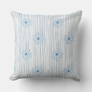 Blue Daisy Striped Pattern Throw Pillow