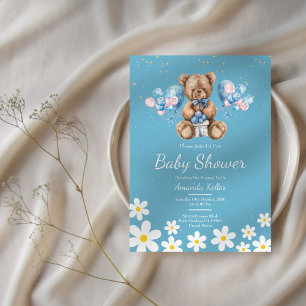 Blue Daisy Teddy Bear Baby Shower Invitation