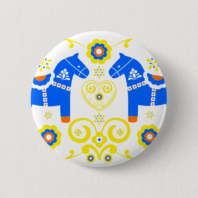 Blue Dala Horses 2 Inch Round Button (Front)