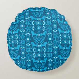 Blue Dala Swedish Horse Print Round Pillow