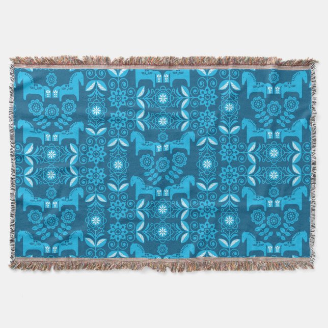 Blue Dala Swedish Horse Print Throw Blanket (Front)