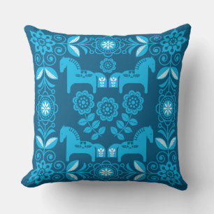 Blue Dala Swedish Horse Print Throw Pillow