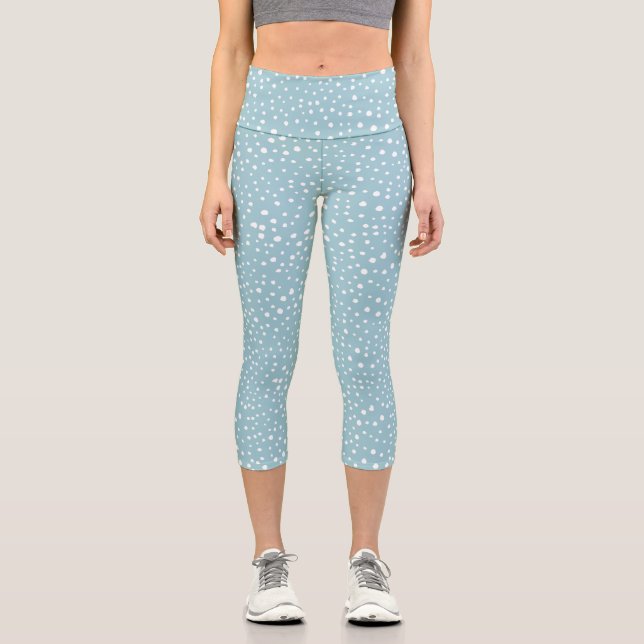 Blue Dalmatian Spots, Dalmatian Dots, Dotted Print Capri Leggings (Front)