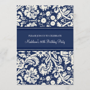 Blue Damask 80th Birthday Party Invitations