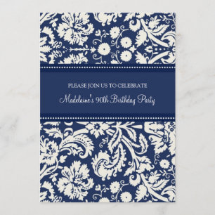Blue Damask 90th Birthday Party Invitations