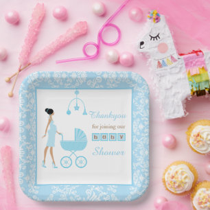 Blue Damask African American Woman Baby Shower Paper Plate