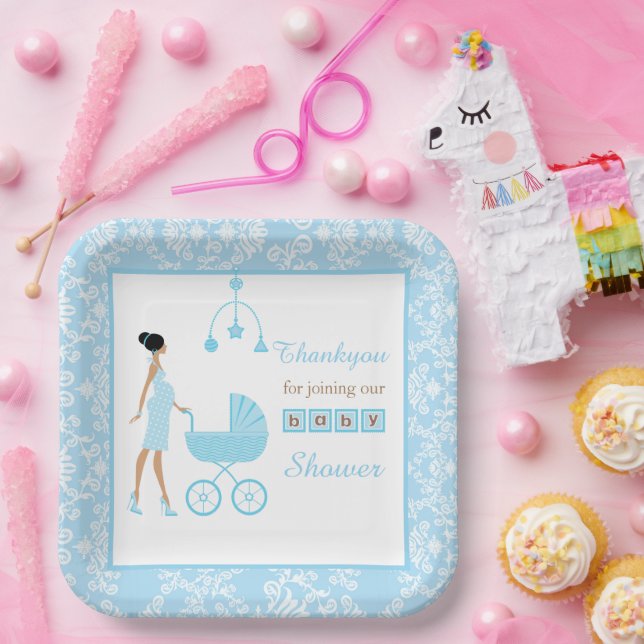 Blue Damask African American Woman Baby Shower Paper Plate (Party)