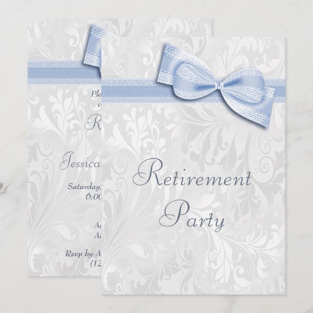 Blue Damask and Faux Bow Retirement Invitation (Front/Back)