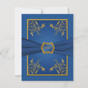 Blue Damask and Gold Floral Reply Card