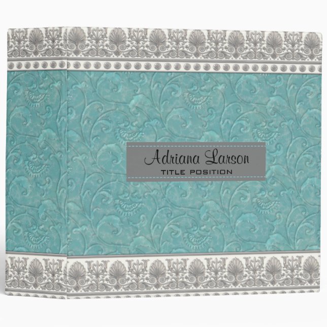 Blue Damask And Grey Border Binder (Front/Spine)