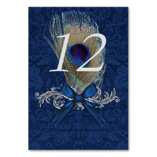 Blue Damask and Peacock Feather Table Number Card