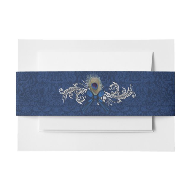 Blue Damask and Peacock Feather Wedding Belly Band Invitation Belly Band (Front Example)